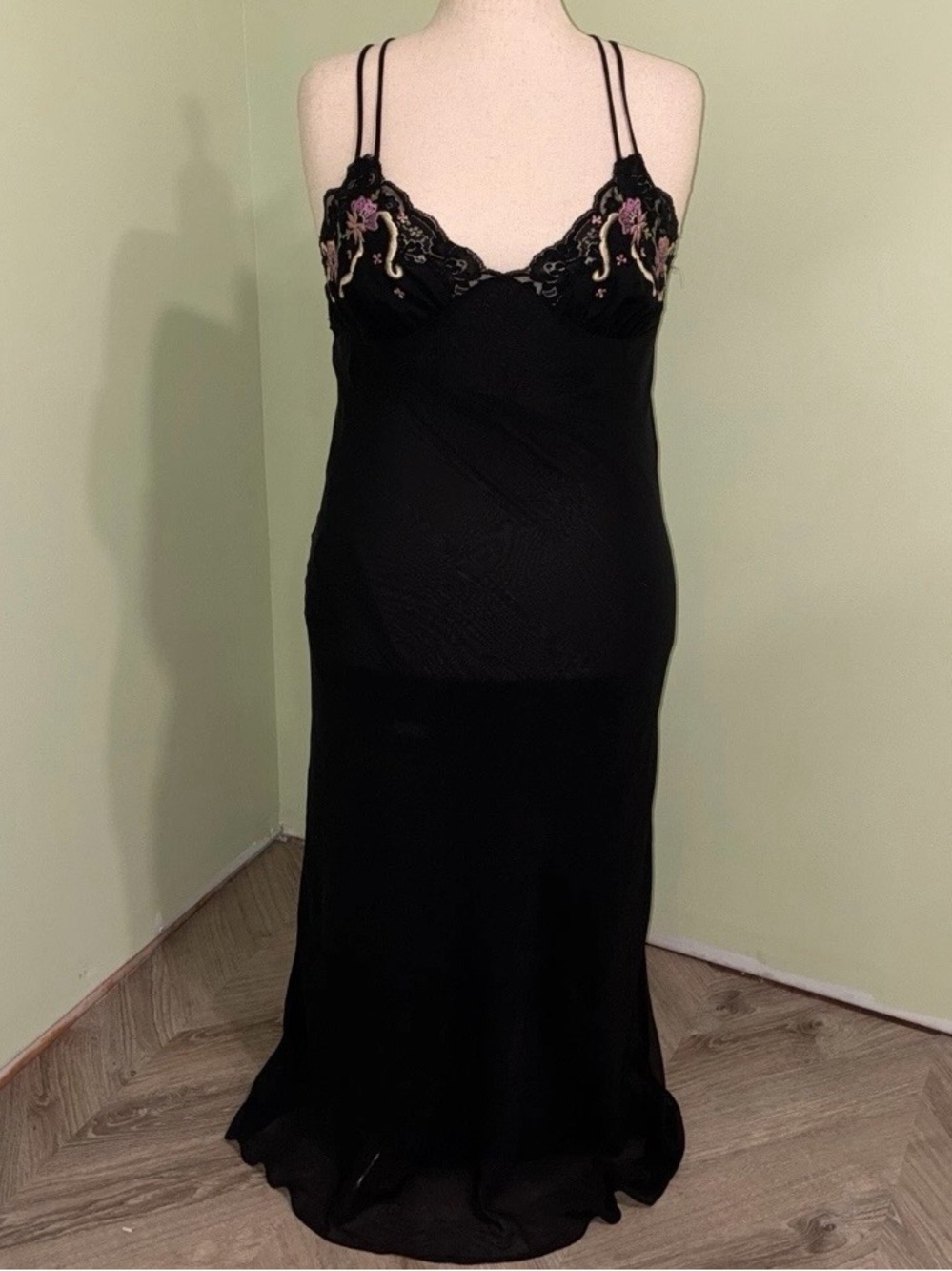 VTG Valerie Stevens Embroidered Black Chiffon Slip Dress Y2K Fairy Women’s Sz M
